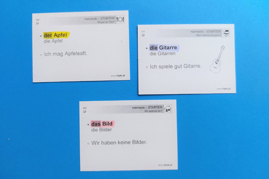 Fiszki starter rodzajniki niemieckie der Apfel, die Gitarre, das Bild